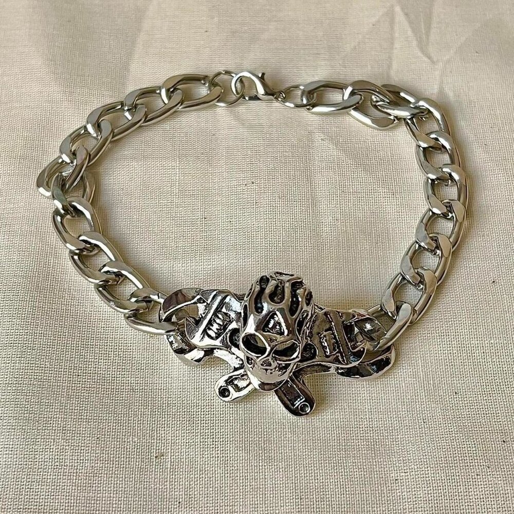 y2k 2000s skull biker cuban link silver bracelet